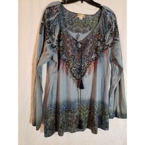 Women's World Unity Blue Pattern Long Sleeve Blouse Size XXL (H201)